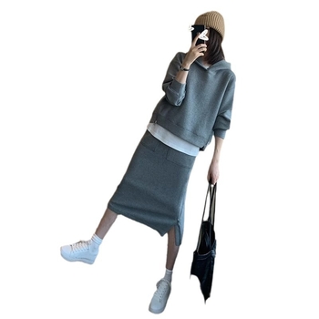 Sieviešu kapuči džemperu ar svārku komplekts, garš svārks, poliestera audums, 50–70% poliestera, ultra garas piedurknes, divu gabalu komplekts, Pavasaris 2025