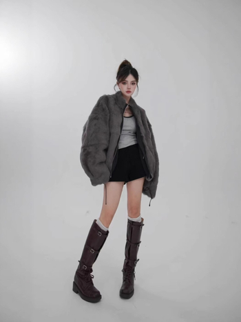 Ženska reverzibilna parka jakna s krznom od zeca, pravo krzno, opuštena silueta, moto stil
