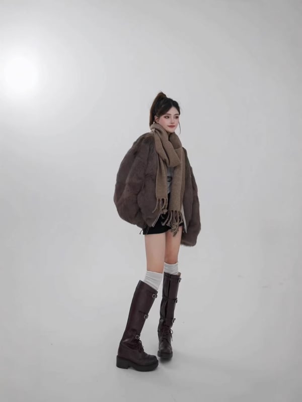 Ženska reverzibilna parka jakna s krznom od zeca, pravo krzno, opuštena silueta, moto stil