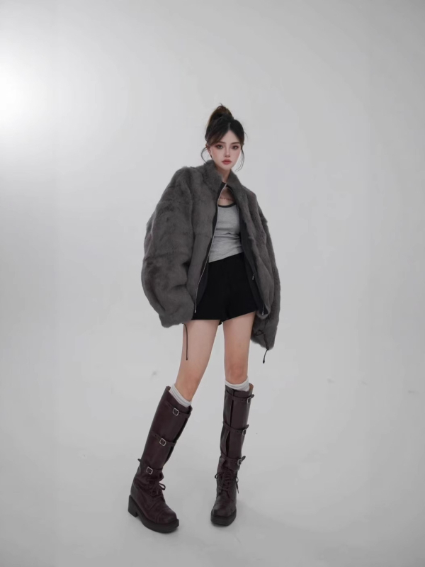 Ženska reverzibilna parka jakna s krznom od zeca, pravo krzno, opuštena silueta, moto stil