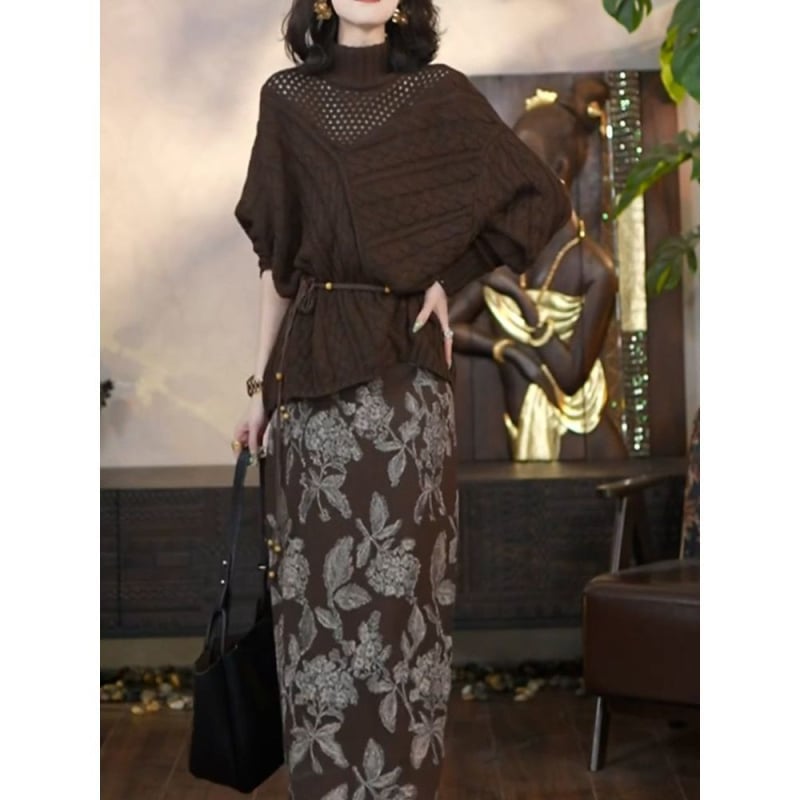 Moterų sijonų komplektas – ilgas sijonas, iškirptas megztinis viršūnė, poliesteris, ruduo 2025