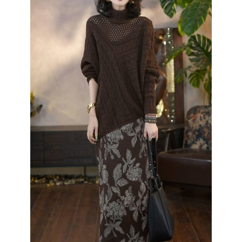 Sieviešu svārku komplekts – garas svārki, izgriezts adīts tops, poliesters, rudens 2025