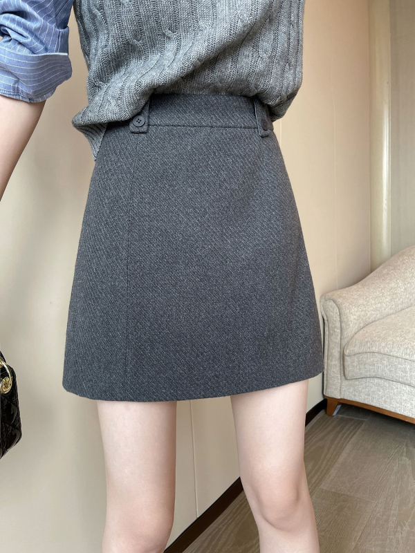 Plus veličine siva vunena suknja s visokim strukom i širokim krojem, proljeće 2025, stil Royal Sister, Private Server Socialite