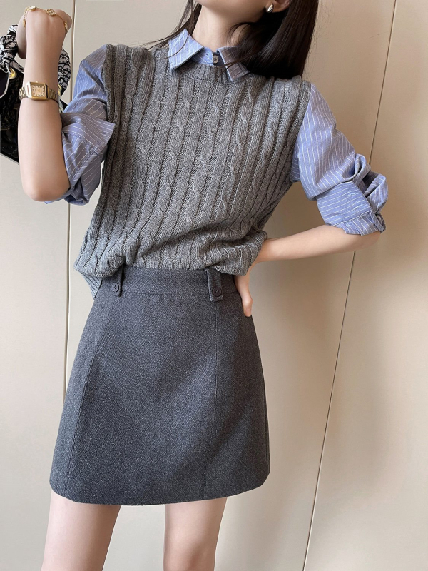 Plus veličine siva vunena suknja s visokim strukom i širokim krojem, proljeće 2025, stil Royal Sister, Private Server Socialite