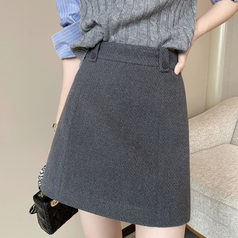 Plus veličine siva vunena suknja s visokim strukom i širokim krojem, proljeće 2025, stil Royal Sister, Private Server Socialite