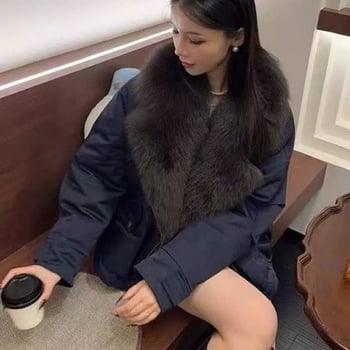 Ženska parka jakna s ovratnikom od lisice, odvojivi ovratnik, ultra kratka duljina ≤40 cm, pamuk-polietester s elastanom, V izrez, proljeće 2025