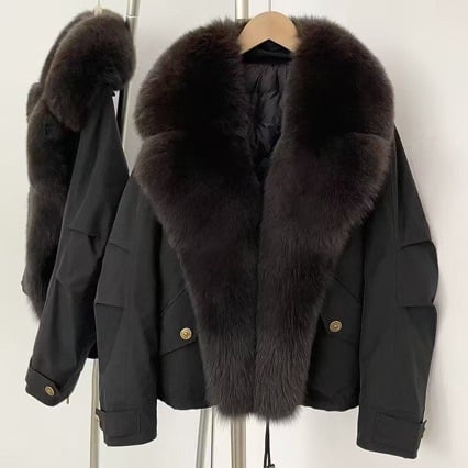 Ženska parka jakna s ovratnikom od lisice, odvojivi ovratnik, ultra kratka duljina ≤40 cm, pamuk-polietester s elastanom, V izrez, proljeće 2025