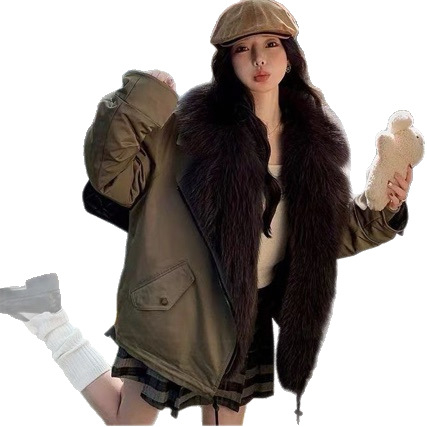 Ženska parka jakna s ovratnikom od lisice, odvojivi ovratnik, ultra kratka duljina ≤40 cm, pamuk-polietester s elastanom, V izrez, proljeće 2025