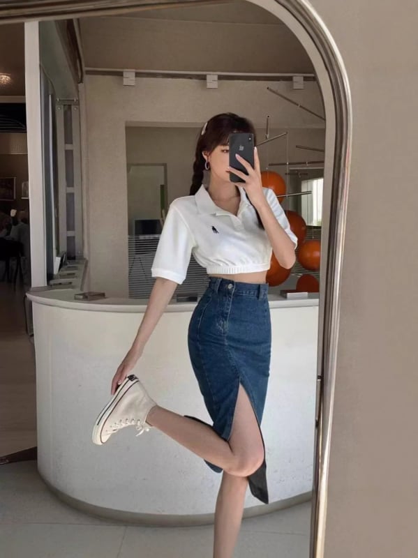 Traper suknja srednje duljine s mikroelastičnošću, japansko-korejski casual stil, jesen 2025.