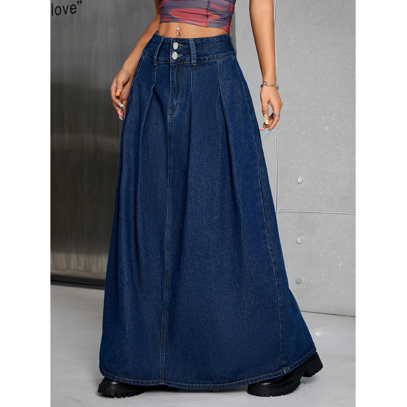Denim midi suknja ravnog kroja, duga, jednobojni uzorak, tkanina: druga, proljeće 2025