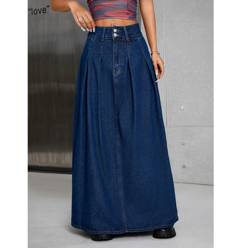 Denim midi suknja ravnog kroja, duga, jednobojni uzorak, tkanina: druga, proljeće 2025