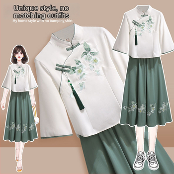 Elegants sieviešu kostīms ar svārkiem – divdaļīgs komplekts ar izšūtu Tang stila topu, vienkrāsains, poliesters, vidēja garuma svārki, ½ piedurknes, pavasaris 2025