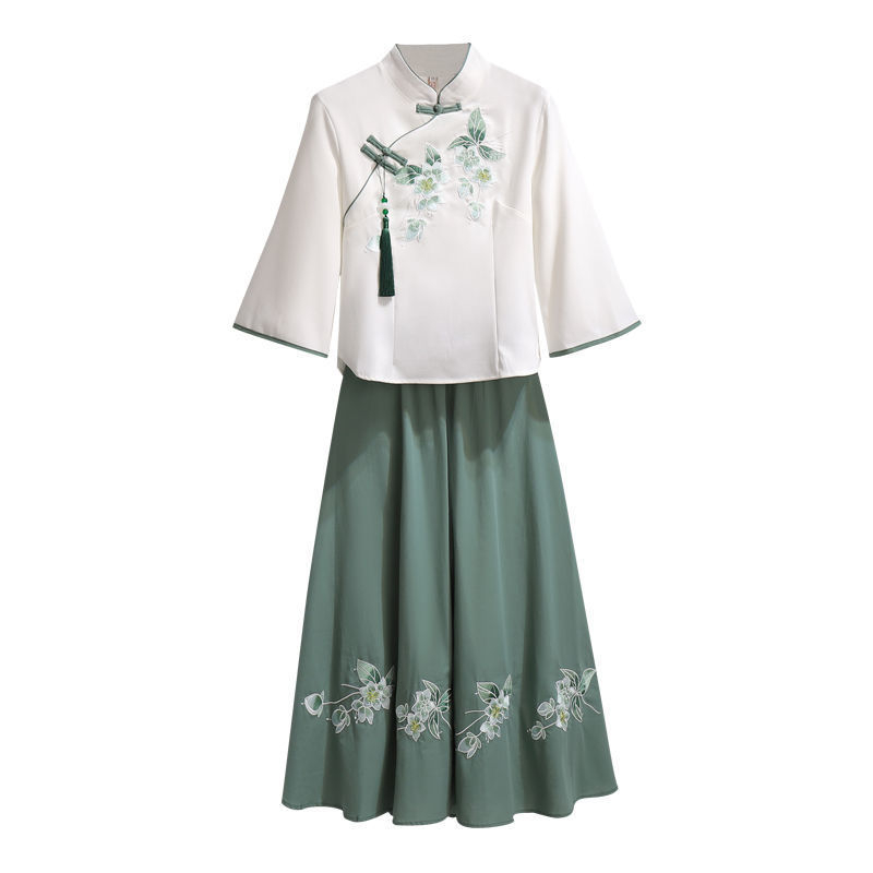 Elegants sieviešu kostīms ar svārkiem – divdaļīgs komplekts ar izšūtu Tang stila topu, vienkrāsains, poliesters, vidēja garuma svārki, ½ piedurknes, pavasaris 2025