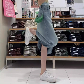 Tencel denim A-line midi sukňa s vysokým pásom, bez žehlenia, jednofarebný vzor, leto 2025