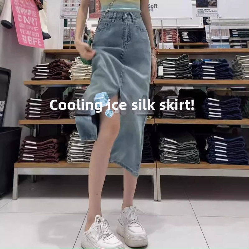 Tencel denim A-line midi sukňa s vysokým pásom, bez žehlenia, jednofarebný vzor, leto 2025