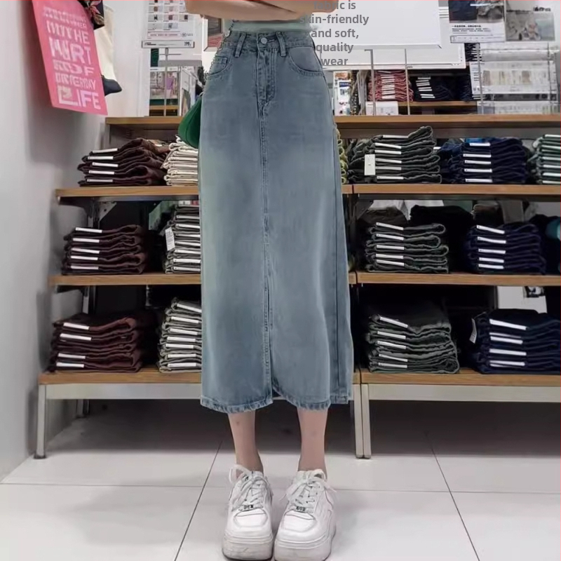 Tencel denim A-line midi sukňa s vysokým pásom, bez žehlenia, jednofarebný vzor, leto 2025