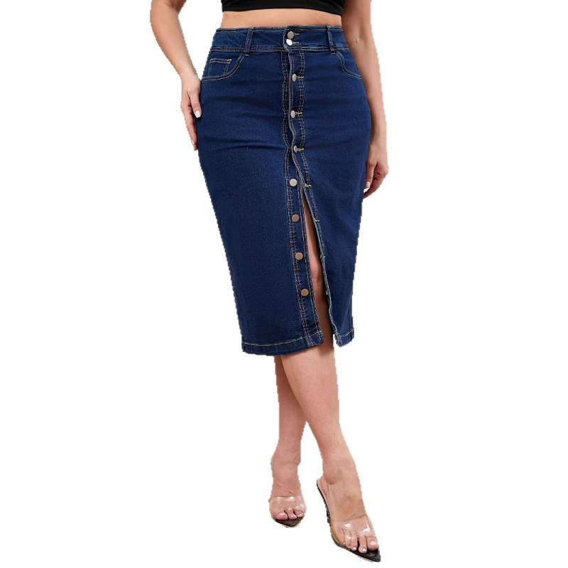 Ženska denim suknja kroja olovke, pamuk–elastan smjesa (80–90% pamuka), srednja duljina, visoka elastičnost, ljeto 2025