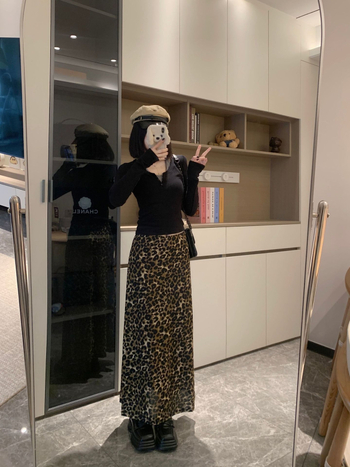 Ženska duga leopard print suknja za plus veličinu, A-linija, visok pas, elastičan, jesen/zima, elegantna i ležerna