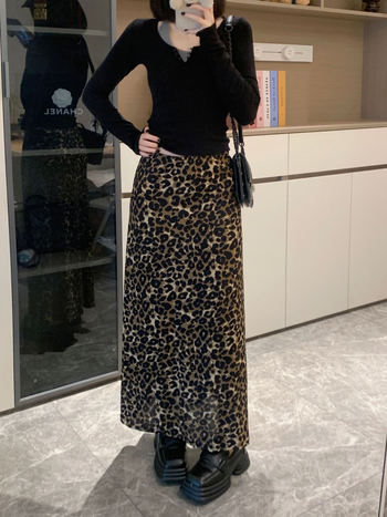Ženska duga leopard print suknja za plus veličinu, A-linija, visok pas, elastičan, jesen/zima, elegantna i ležerna