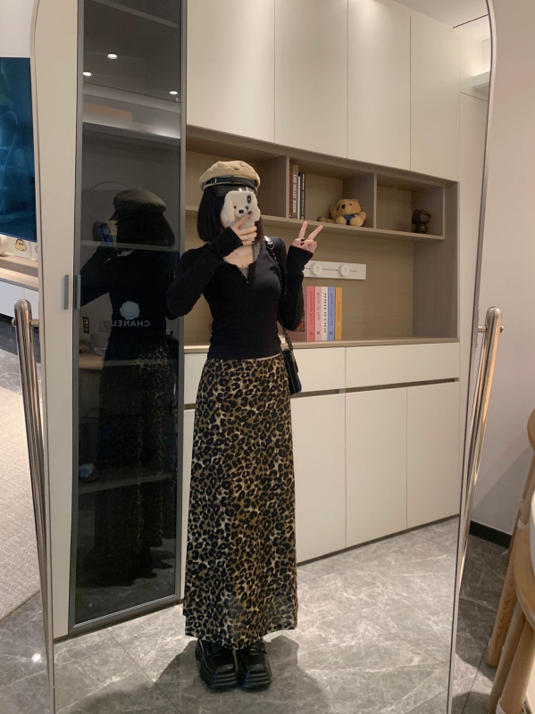 Ženska duga leopard print suknja za plus veličinu, A-linija, visok pas, elastičan, jesen/zima, elegantna i ležerna