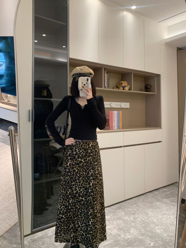 Ženska duga leopard print suknja za plus veličinu, A-linija, visok pas, elastičan, jesen/zima, elegantna i ležerna