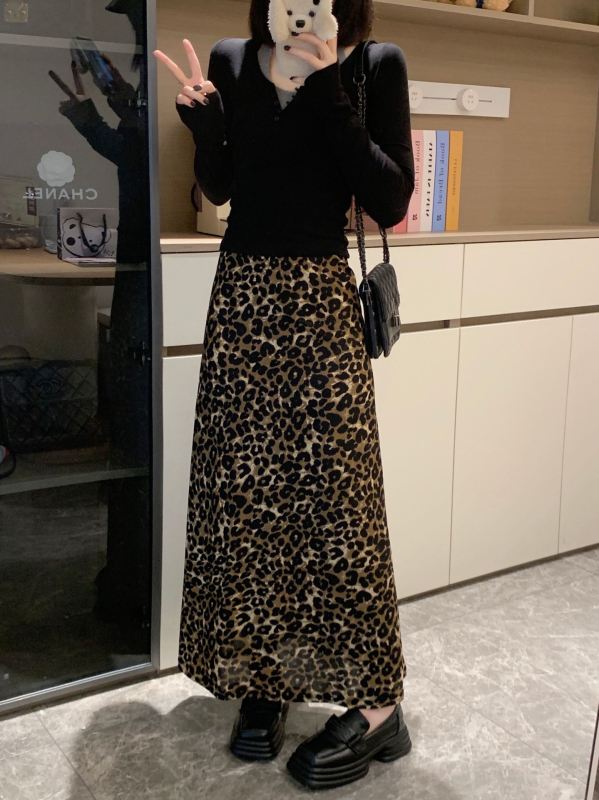 Ženska duga leopard print suknja za plus veličinu, A-linija, visok pas, elastičan, jesen/zima, elegantna i ležerna