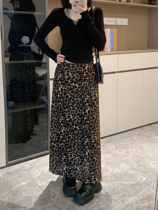 Ženska duga leopard print suknja za plus veličinu, A-linija, visok pas, elastičan, jesen/zima, elegantna i ležerna