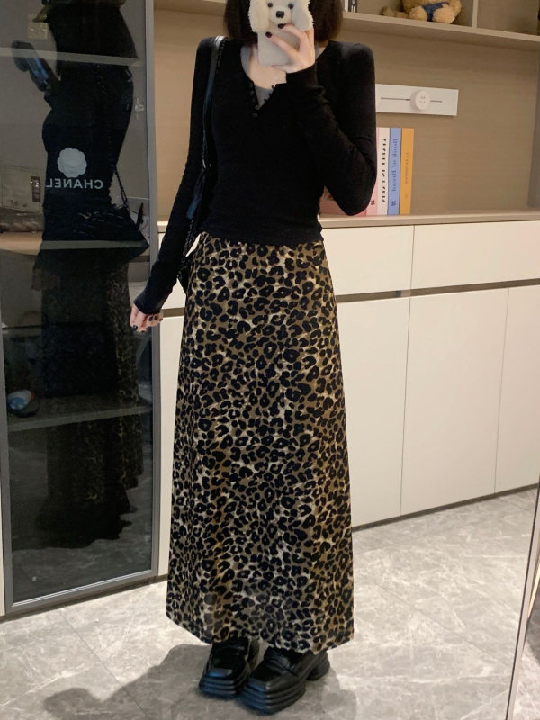Ženska duga leopard print suknja za plus veličinu, A-linija, visok pas, elastičan, jesen/zima, elegantna i ležerna