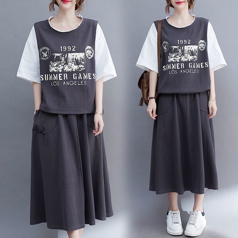 Marškinėlių ir ilgo sijono komplektas, poliesterio mišinys 95%+, 3/4 rankovės, miesto stilius, vasara 2022