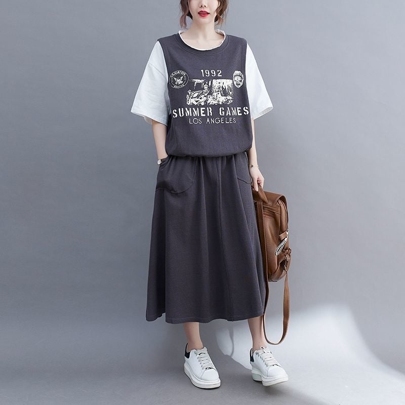 T-krekls un garā svārku komplekts, 95%+ poliesteris, 3/4 piedurknes, pilsētas stils, vasara 2022