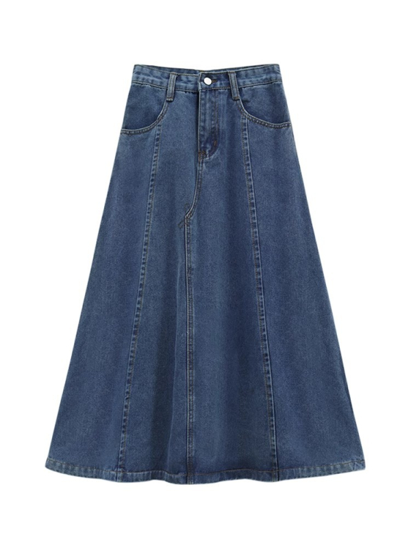 Ženska denim A-linijska midi suknja, jednobojna, bez glačanja, pamuk 50-70%, proljeće 2025