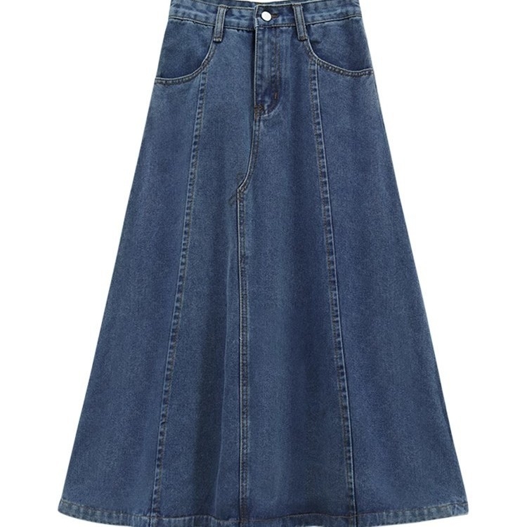 Ženska denim A-linijska midi suknja, jednobojna, bez glačanja, pamuk 50-70%, proljeće 2025