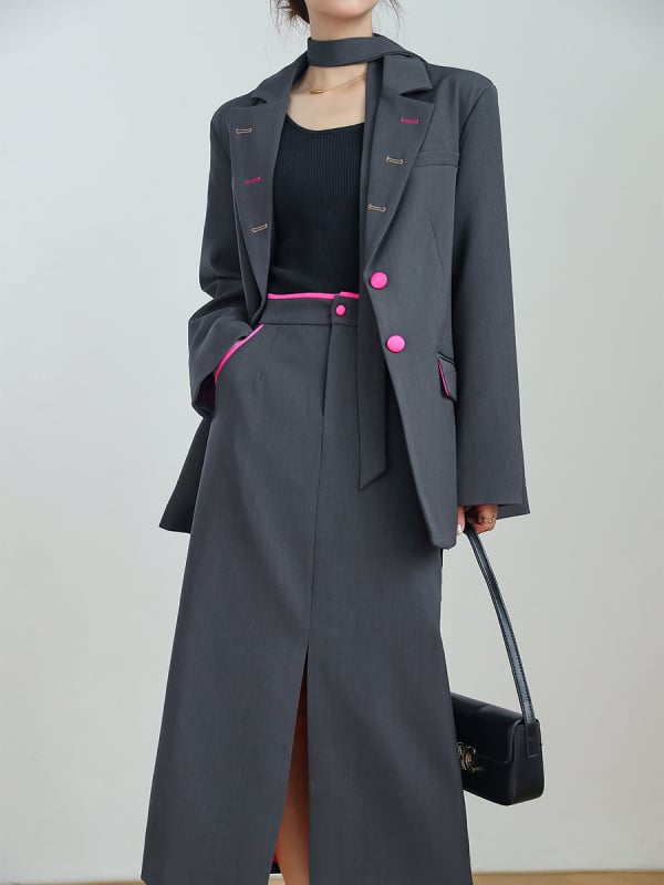 Ženski dvodijelni set s blejzerom i dugom suknjom, japansko-korejski casual stil, poliester 95%+, jesen 2025, AA25120, s ovratničkom etiketom i naljepnicom proizvoda