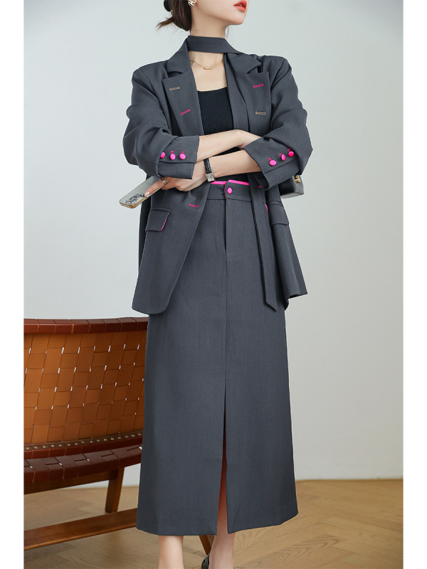 Ženski dvodijelni set s blejzerom i dugom suknjom, japansko-korejski casual stil, poliester 95%+, jesen 2025, AA25120, s ovratničkom etiketom i naljepnicom proizvoda