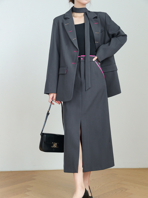 Ženski dvodijelni set s blejzerom i dugom suknjom, japansko-korejski casual stil, poliester 95%+, jesen 2025, AA25120, s ovratničkom etiketom i naljepnicom proizvoda