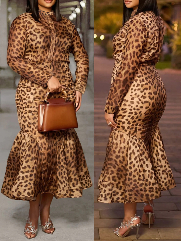 Ženski dvodijelni kostim: suknja s ribljom repom i dugi rukavi, leopard print, 70-80% poliester, 30-50% elastan, elegantan uredski stil, jesen 2025