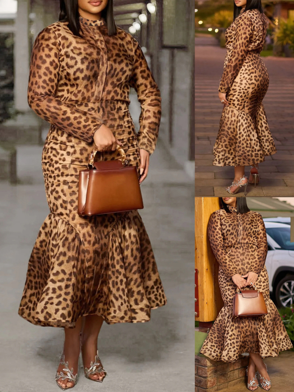 Ženski dvodijelni kostim: suknja s ribljom repom i dugi rukavi, leopard print, 70-80% poliester, 30-50% elastan, elegantan uredski stil, jesen 2025