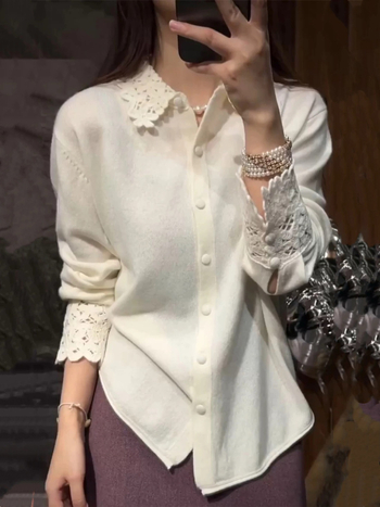 Ζακέτα από μαλλί-κάσμιρ με γιακά Peter Pan, μονόχρωτη πλεκτή κατασκευή, κομψό επαγγελματικό στυλ, Χειμώνας 2025