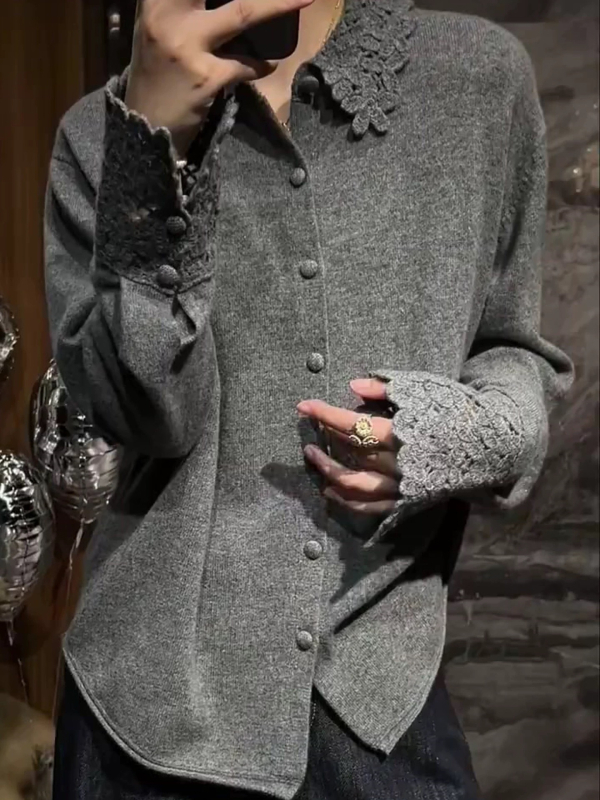 Ζακέτα από μαλλί-κάσμιρ με γιακά Peter Pan, μονόχρωτη πλεκτή κατασκευή, κομψό επαγγελματικό στυλ, Χειμώνας 2025