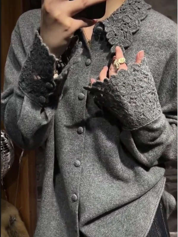 Ζακέτα από μαλλί-κάσμιρ με γιακά Peter Pan, μονόχρωτη πλεκτή κατασκευή, κομψό επαγγελματικό στυλ, Χειμώνας 2025