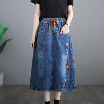 Našivana cvjetna denim suknja, kišobran-stil, srednja duljina, mikro-elastična