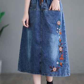 Našivana cvjetna denim suknja, kišobran-stil, srednja duljina, mikro-elastična