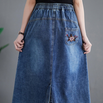 Našivana cvjetna denim suknja, kišobran-stil, srednja duljina, mikro-elastična