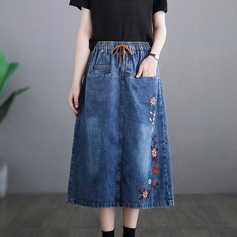 Našivana cvjetna denim suknja, kišobran-stil, srednja duljina, mikro-elastična