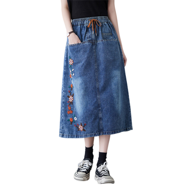 Našivana cvjetna denim suknja, kišobran-stil, srednja duljina, mikro-elastična