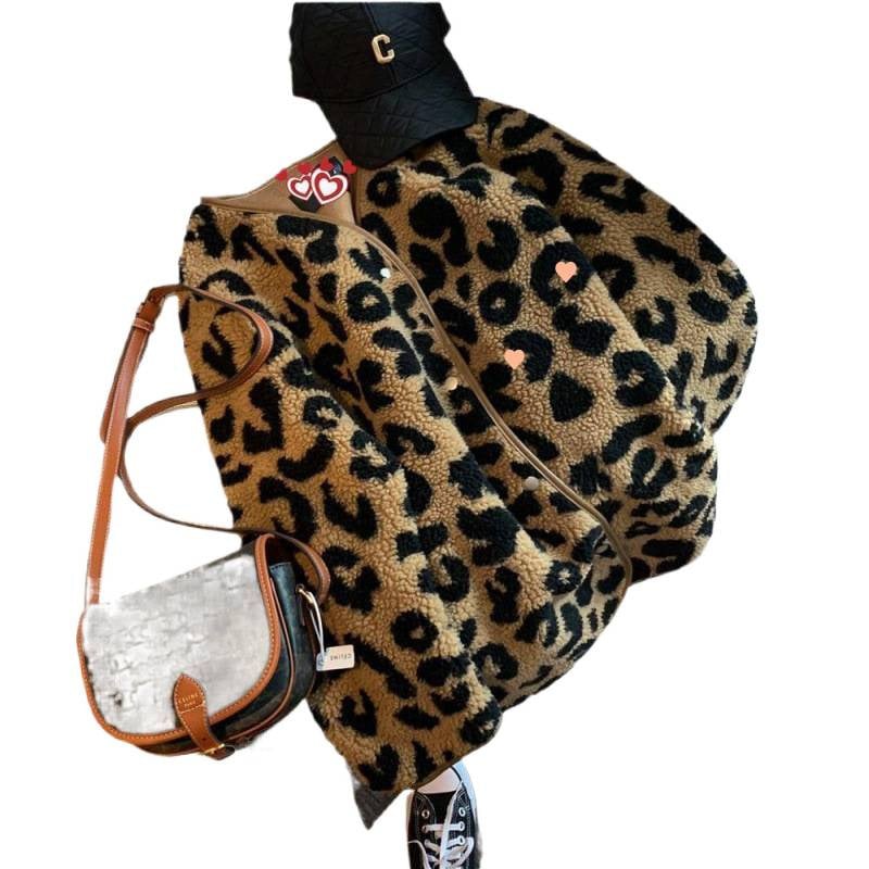 Ženska kratka jakna s leopard printom od umjetnog krzna za jesen i zimu, opuštena silueta, gradski stil