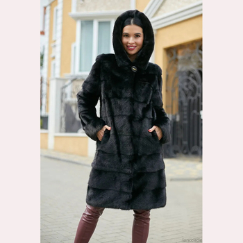 Ženski kaput od umjetnog zajčjeg krzna, kapuljača, dugi rukavi, srednja duljina, britanski stil