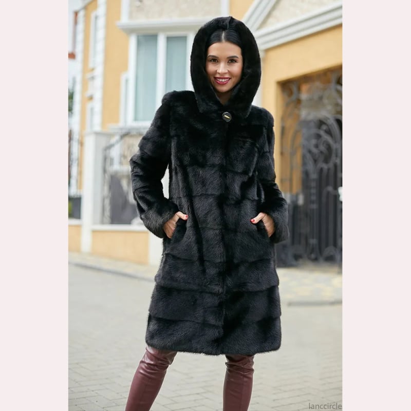 Ženski kaput od umjetnog zajčjeg krzna, kapuljača, dugi rukavi, srednja duljina, britanski stil