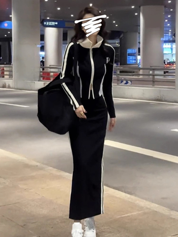 Moterų dviejų dalių komplektas: megztinis ir sijonas, 3D raštas, siuvimo detalės, rudens 2025, poliesterio–medvilnės mišinys, ilgos rankovės, kasdienis japonų-korejiečių stilius