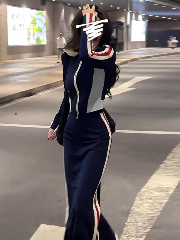 Moterų dviejų dalių komplektas: megztinis ir sijonas, 3D raštas, siuvimo detalės, rudens 2025, poliesterio–medvilnės mišinys, ilgos rankovės, kasdienis japonų-korejiečių stilius